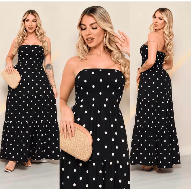 Vestido Feminino Longo Poá Tomara Que Caia – Elegante e Romântico