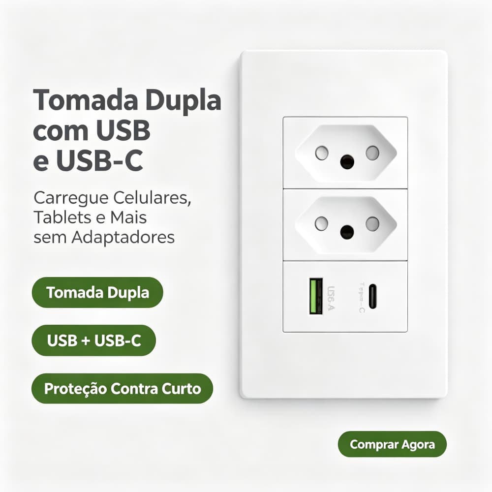 Eletromex Tomada mural dupla 4 USB + Tipo‑C, bivolt 5V, carregamento rápido para múltiplos dispositivos