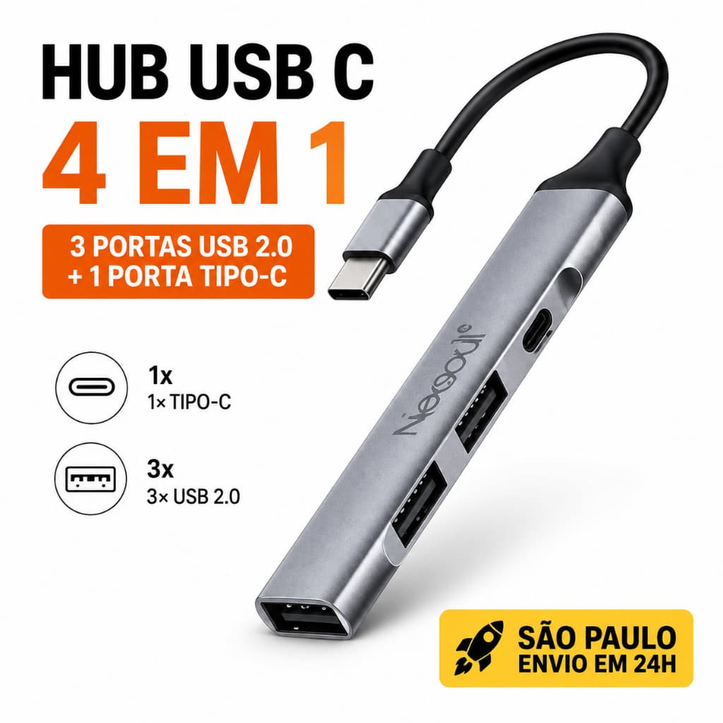 Hub USB C 4 em 1 Adaptador OTG Tipo C para USB com 3 Portas USB 2.0 para Notebook Macbook Tablet Celular