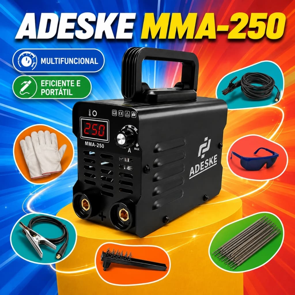 Máquina de Solda Inversora MMA-250 ADESKE 250A Display Digital Soldador Portátil Kit Completo