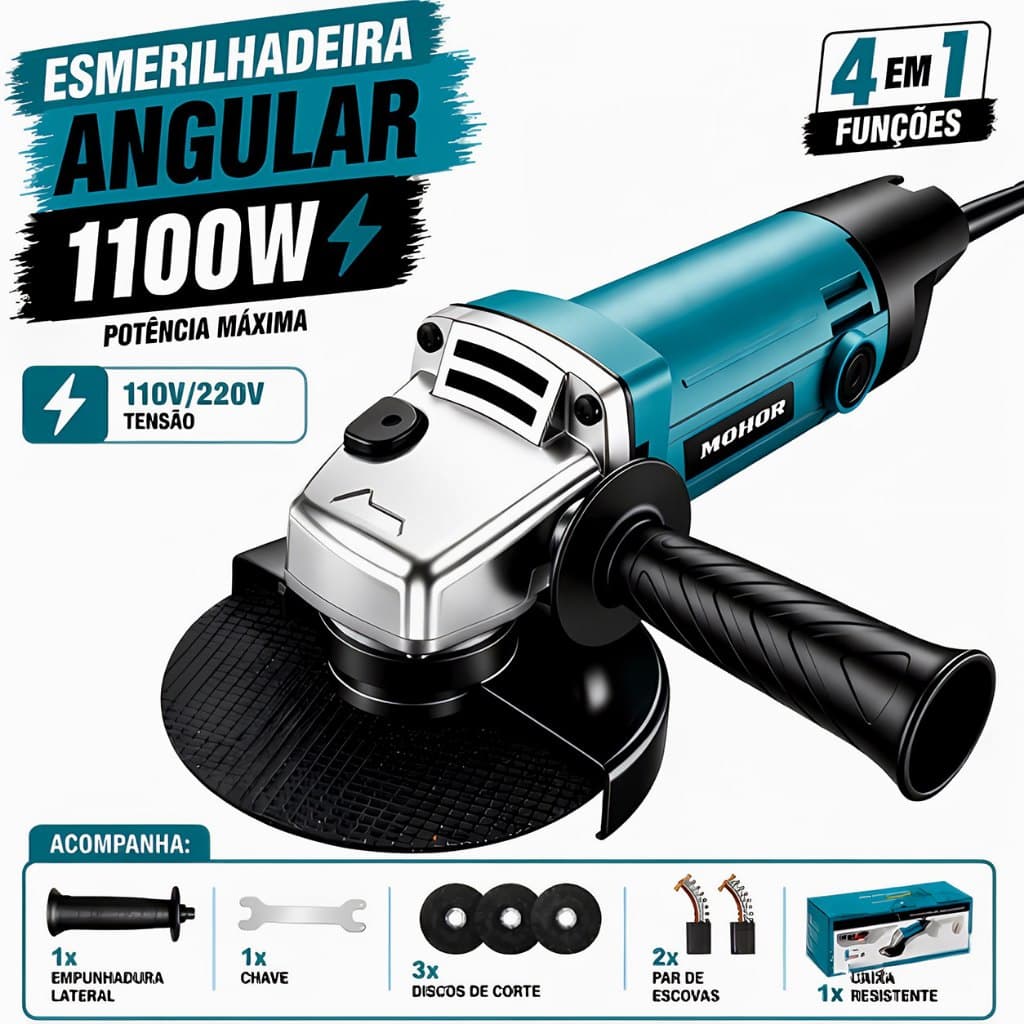 Esmerilhadeira 1100w Lixadeira Angular 4 EM 1 Profissional Elétrica 115mm Multifunções 6 Velocidades 110v ou 220v