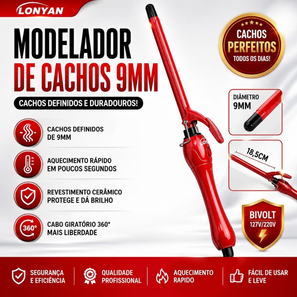 Babyliss 9mm Modelador de Cachos Bivolt 127V 220V LONYAN Ferro de Cacho íons Desligamento Automático Cachos Definidos