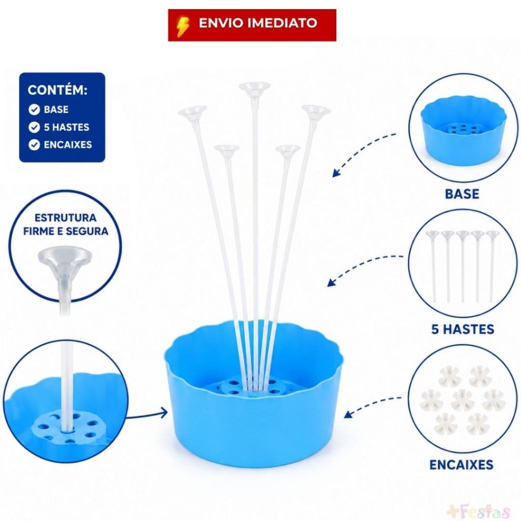Kit 5/10 Suporte Cachepo Centro de Mesa para Balões Bexiga de Festa Reutilizável 5 Varetas