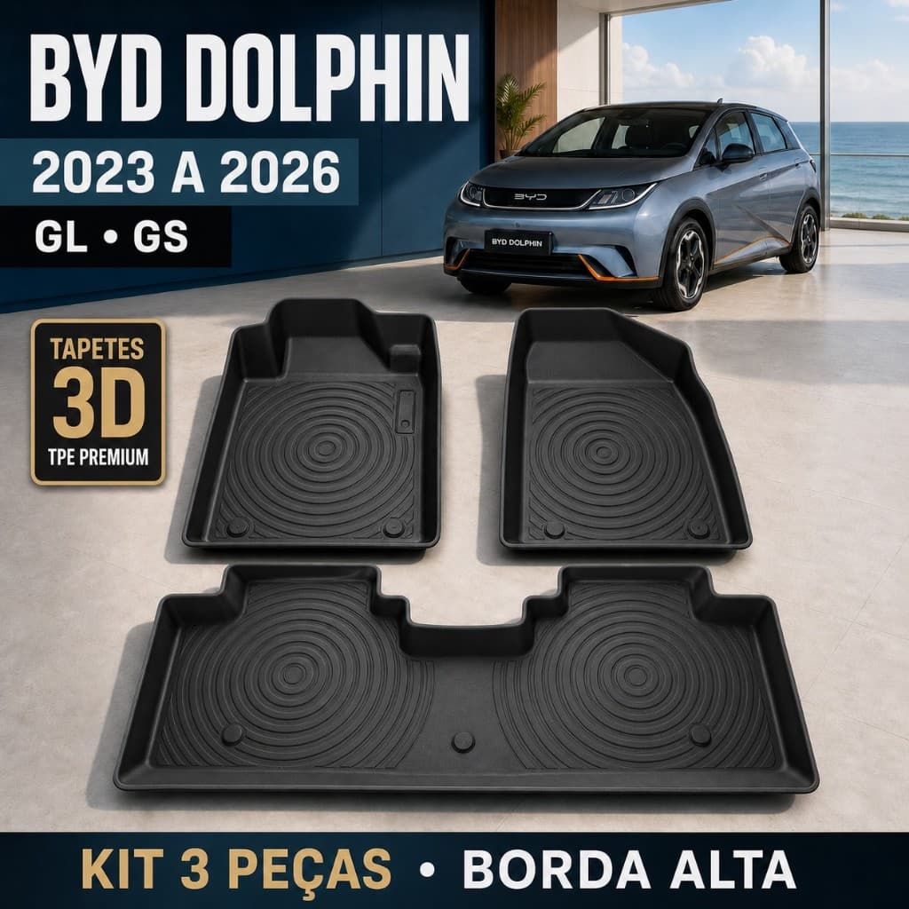 Jogo de Tapetes Com 3 Peças Premium Bandeja De Borracha Tpe 3D Para BYD Dolphin 2023 - 2026 Ekap