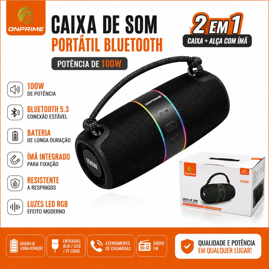 Caixa de Som Bluetooth Portátil 100W com 2 Caixas Separáveis, Alça Magnética e LED RGB Potente