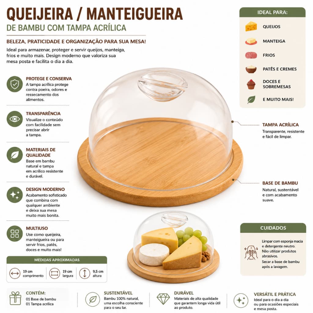 Queijeira Bambu Redonda com Tampa Acrílica Porta Queijo Frios Mesa Posta Cozinha ENVIO IMEDIATO