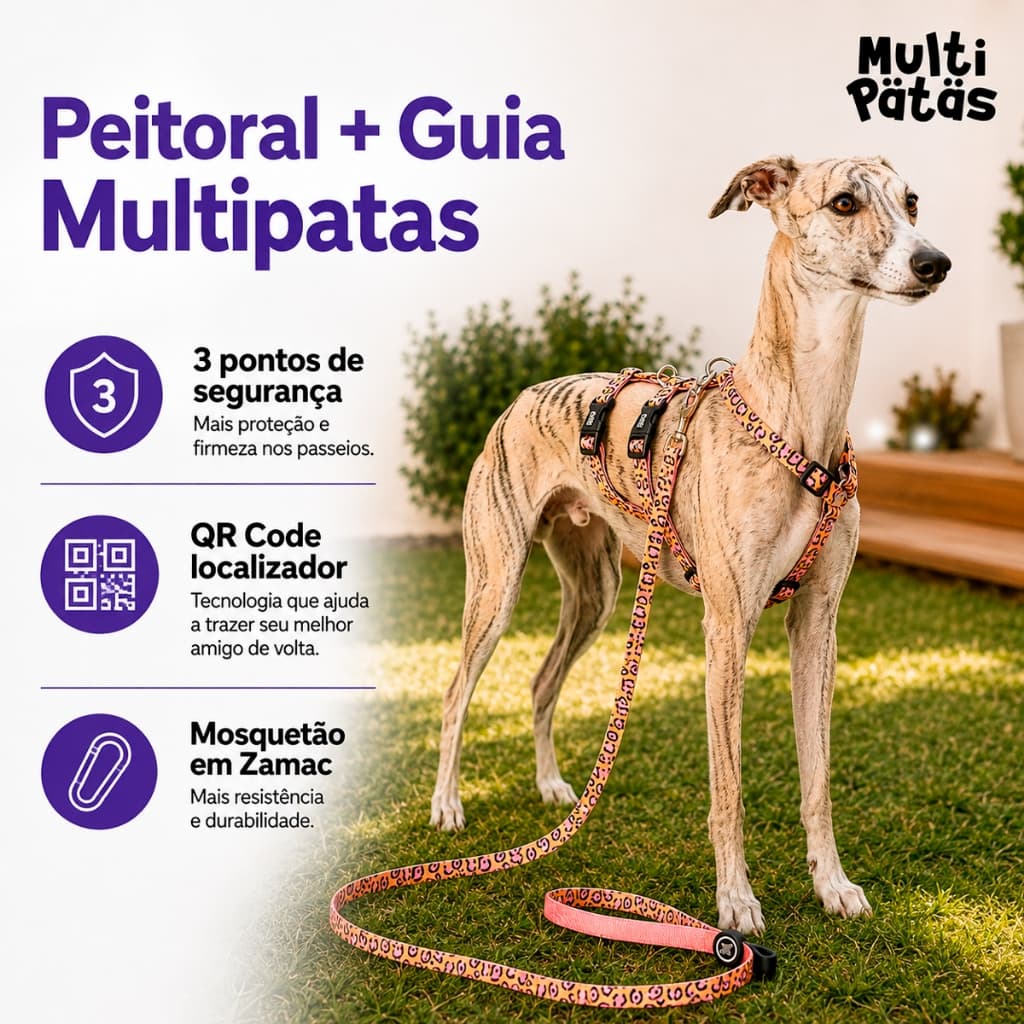 Peitoral Cachorro Com Guia Qr Code Localizador Multipatas Ajustável Pantera