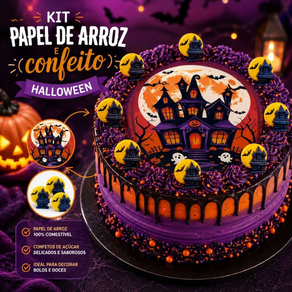 kit topo para bolo Papéis de Arroz Tam.A4 + confeito tema Halloween - Diversas Opções