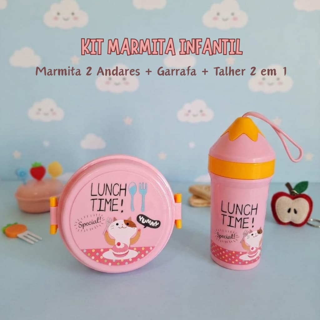 Kit Marmita lancheira Infantil 2 Andares com Garrafa e Talher 2 em 1