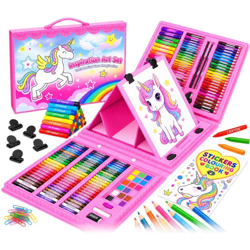 Kit Material Escolar 208 Peças Unicórnio Unicolors Fun Game Maleta Infantil Completa para Desenho e Pintura