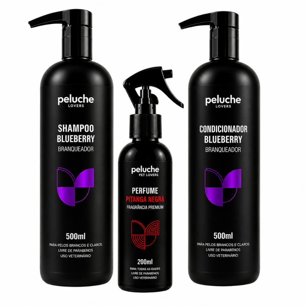 Kit Shampoo Branqueador Blueberry + Condicionador + Perfume Pitanga Negra Peluche Pet Cães 3 Itens