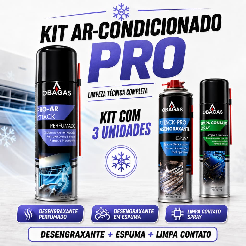KIT Limpeza Ar Condicionado Pro 3 Itens | DESENGRAXANTE PERFUMADO + DESENGRAXANTE ESPUMA + LIMPA CONTATO