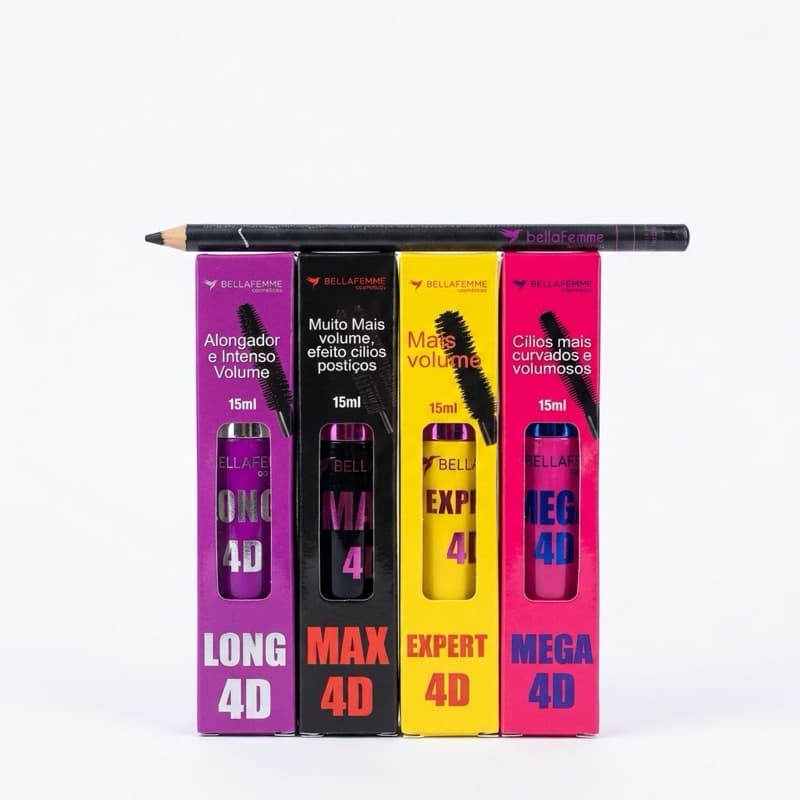 Mascara Cilios Bella Femme 4D Rimel e Lapis de Olho Retratil Maquiagem
