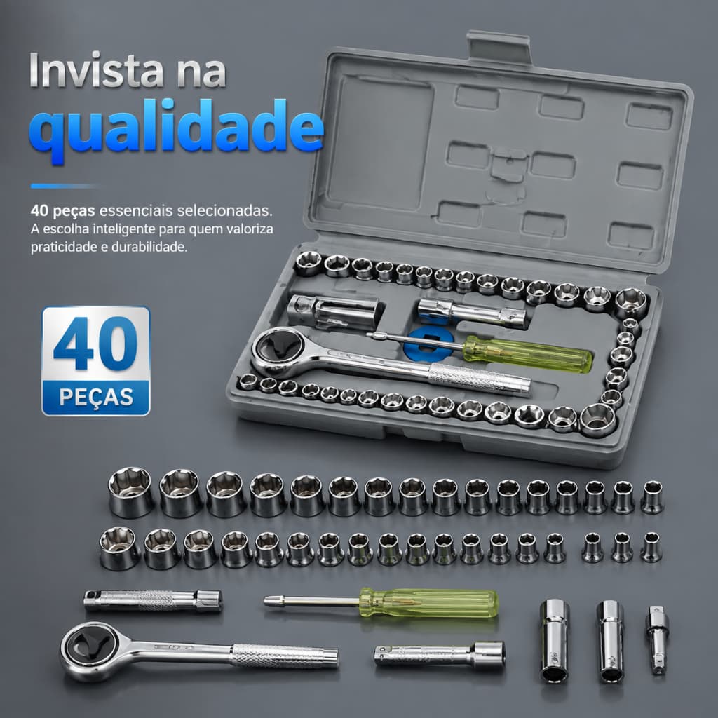 Kit Jogo De Chave De Catraca Reversível Com Soquetes - 40 Peças + Maleta Equipa Tools, Kit Chave De Fenda