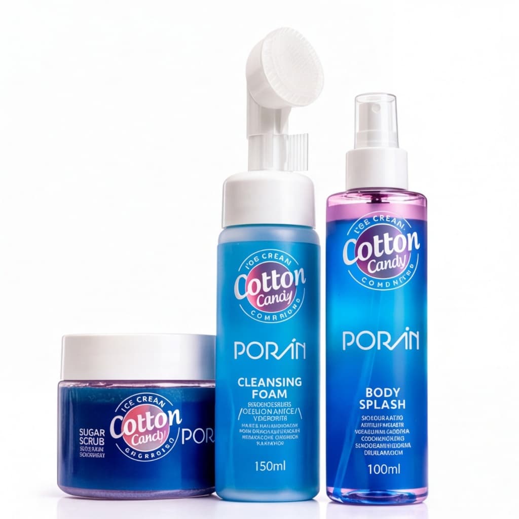 Kit Porán Cotton Candy Body Splash Cleansing Foam e Esfoliante Sugar Scrub