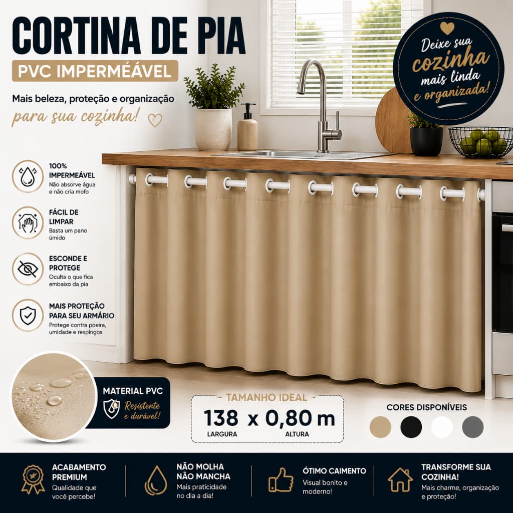 Cortina de Pia Cozinha PVC Impermeável Decorativa Fácil Limpeza Proteção Oculta Armário 1,38 m x 0,80 m