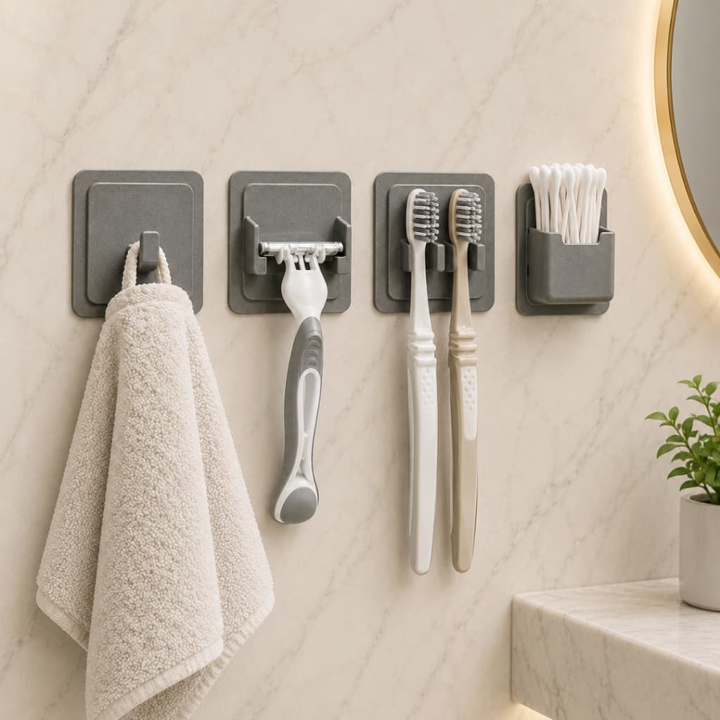 Kit 4 Organizador de Banheiro Peças Adesivo Suporte Escova de Dente Barbeador Toalha Cotonete
