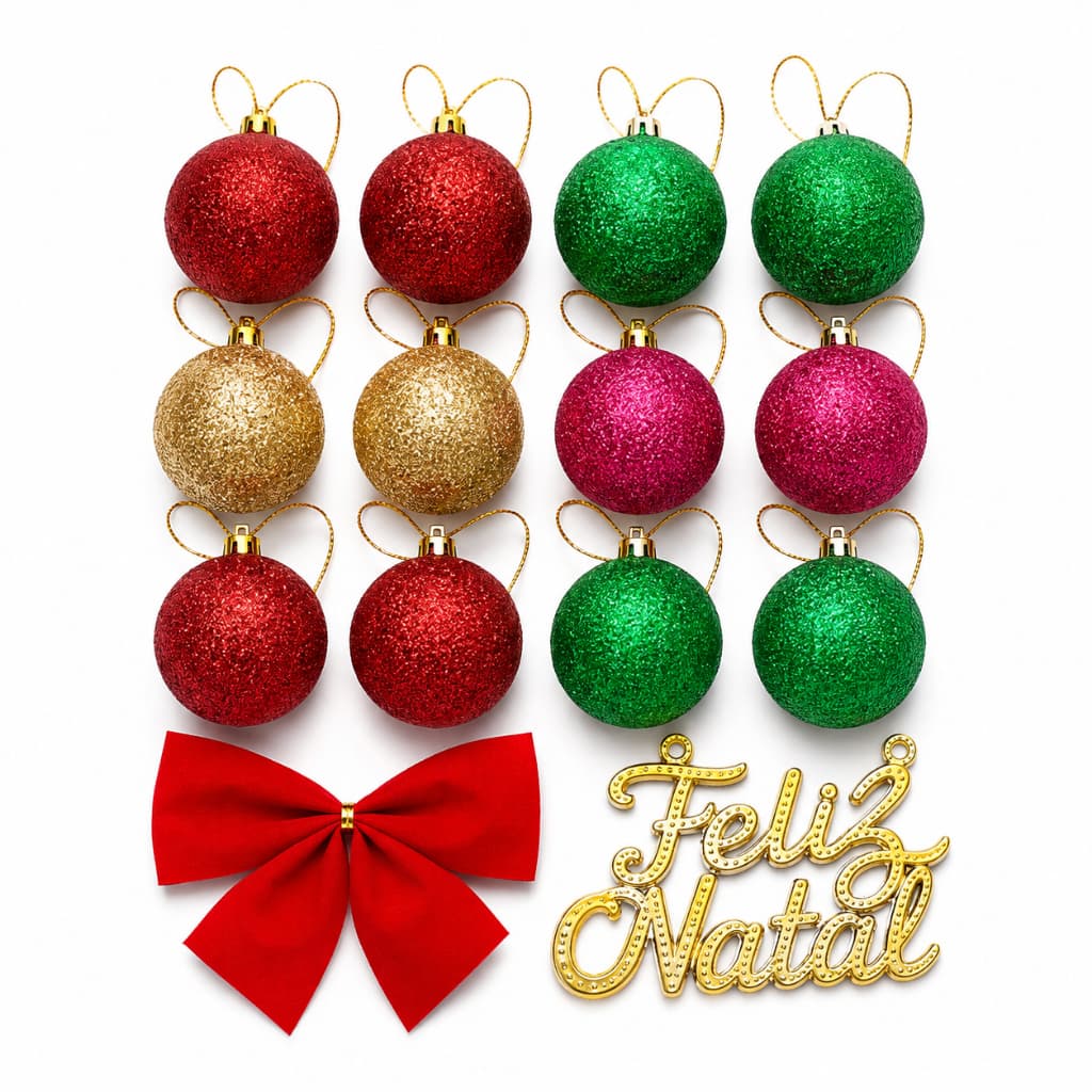 Kit Enfeites de Natal 14 Peças com  Bolinhas 3cm  caixinha Laço e Placa Feliz Natal para Árvore e Decoração