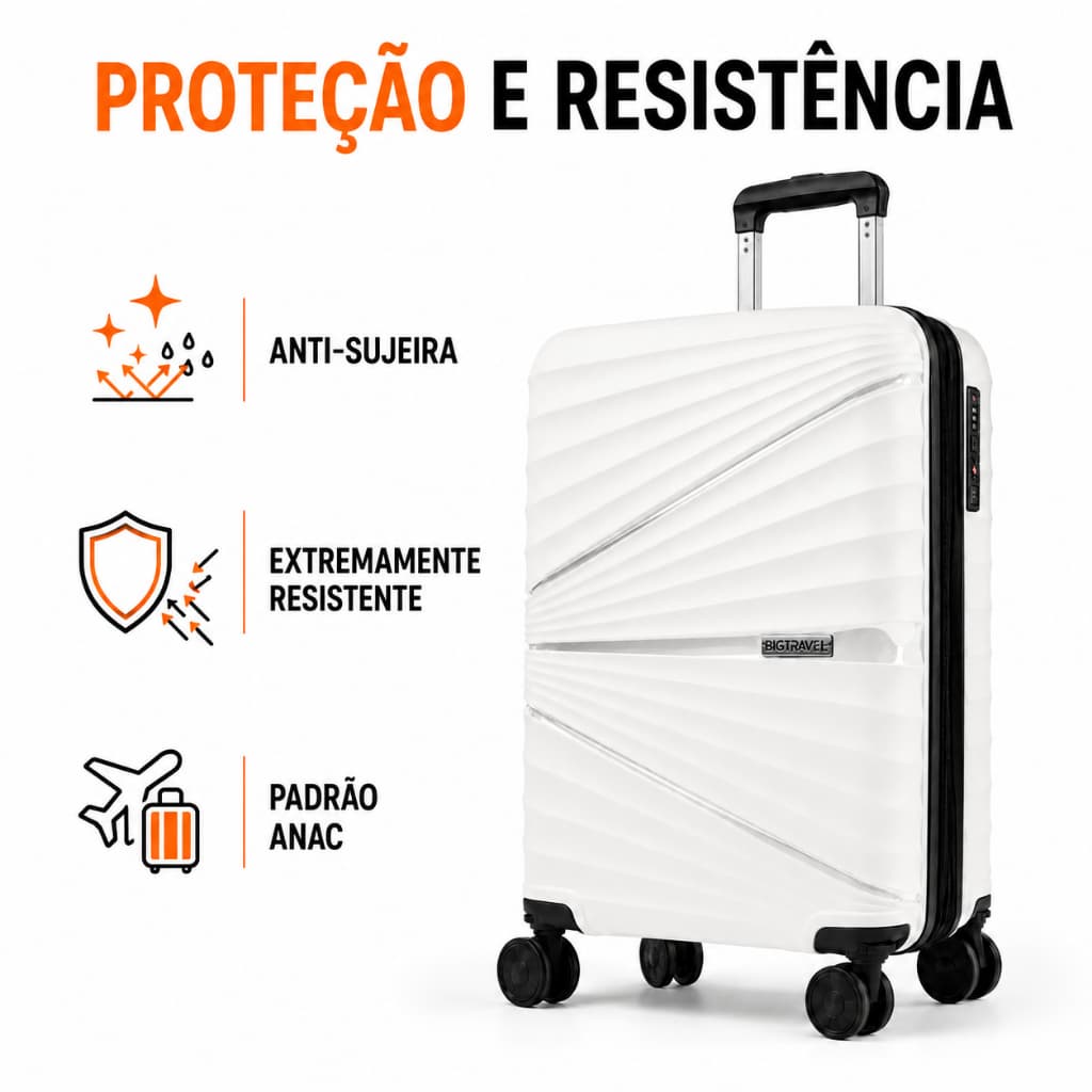 Mala de Bordo Branca 10kg Padrão ANAC em Polipropileno com Cadeado TSA, Rodinhas 360°, Porta-Copos, USB e USB-C