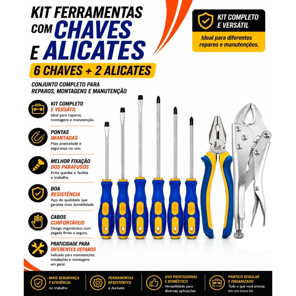 Kit Jogo de Chaves De Fenda e Phillips Com Alicate Pressão + Alicate Universal
