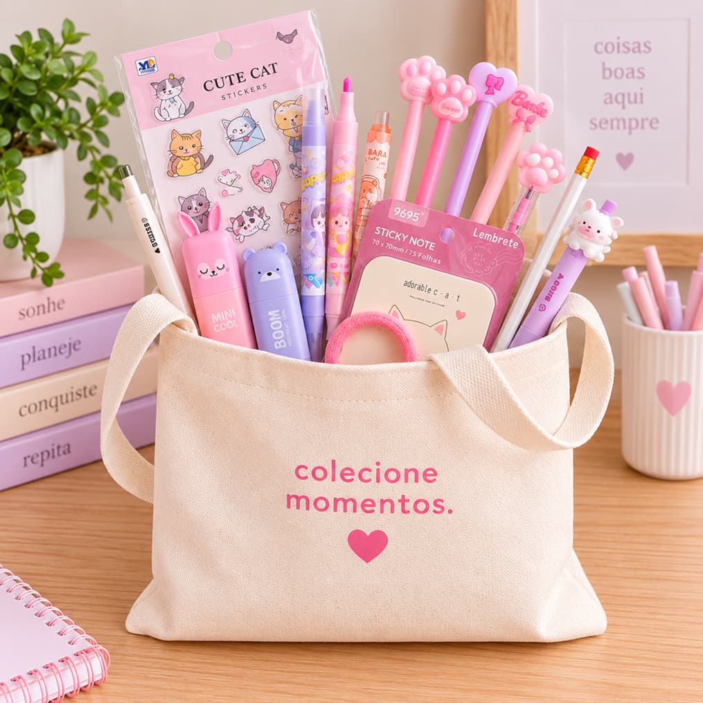 Kit Papelaria Fofa 15 Itens com Ecobag 30x30 | Presente Criativo Kawaii