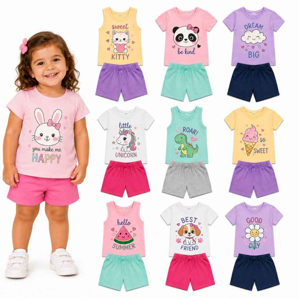 Kit 6 Peças Conjunto Verão 3 Camisetas + 3 Shorts Infantil Feminino/Menina Estampa Sortida