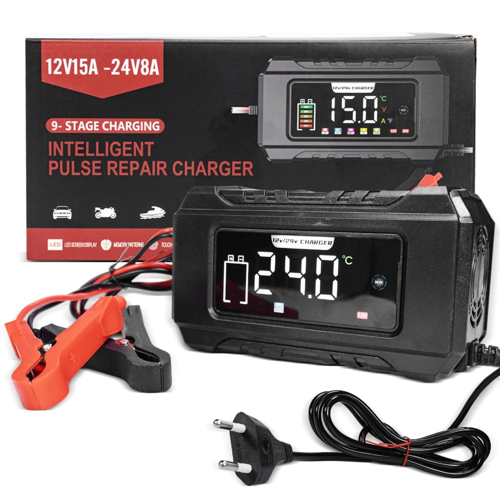 `Carregador Inteligente de Bateria 12V 15A /24V 8A Reparo por Pulso 9 Estágios para Carro Moto Bateria Chumbo-Ácido e Li