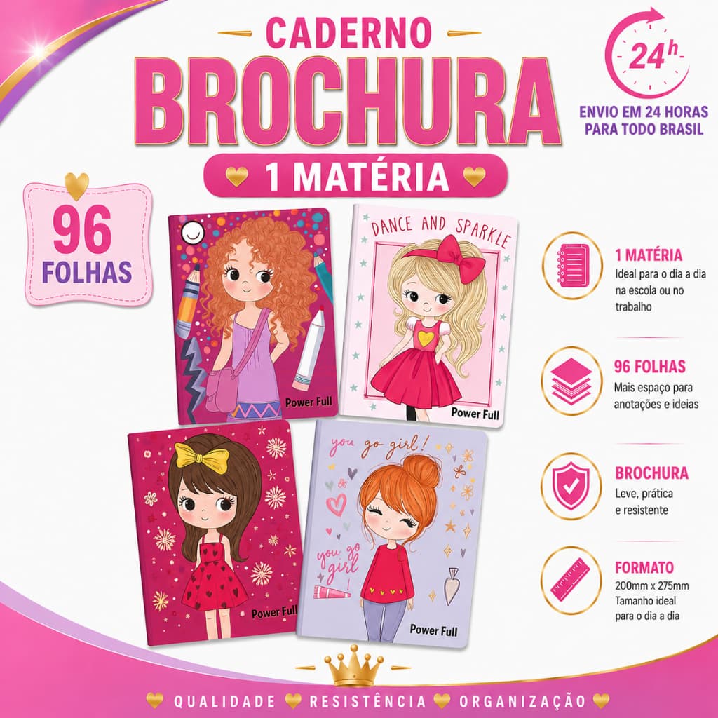 Caderno Brochura Grande 96 Folhas Temas Femininos Com PAUTA Sem ADESIVOS Capa Dura