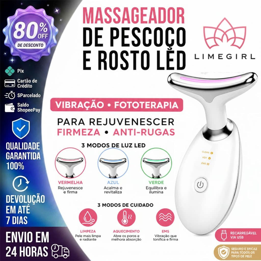 【LIMEGIRL】Massageador De Pescoço e Rosto LED Vibração Fototerapia Para Rejuvenescer Firmeza Anti-Rugas