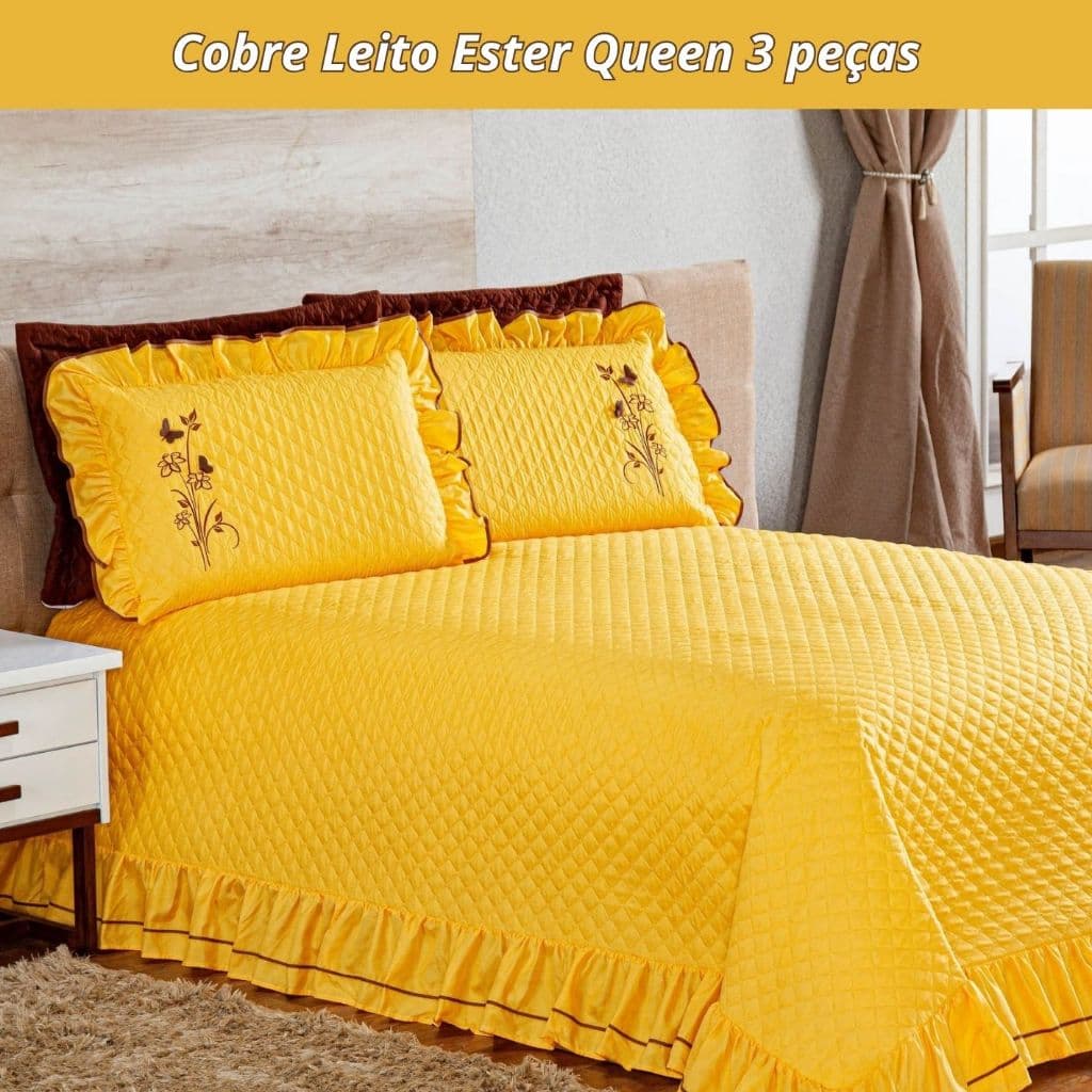 Kit Cobre Leito Queen Ester 3 Peças Matelado Microfibra Babados e Porta Travesseiros Bordados