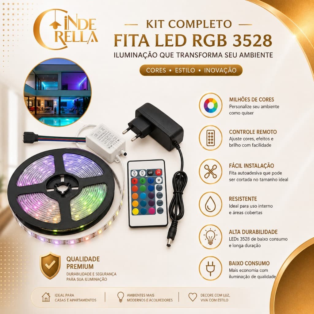 Fita LED RGB 5M 3528 • Controle Remoto • Iluminação Decorativa • Colorida • Fonte não Inclusa