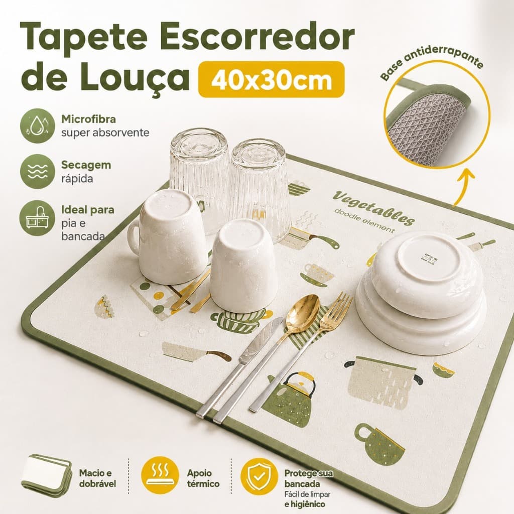 Escorredor de Louças Tapete 40x30cm Microfibra Super Absorvente Dobrável para Pia de Cozinha