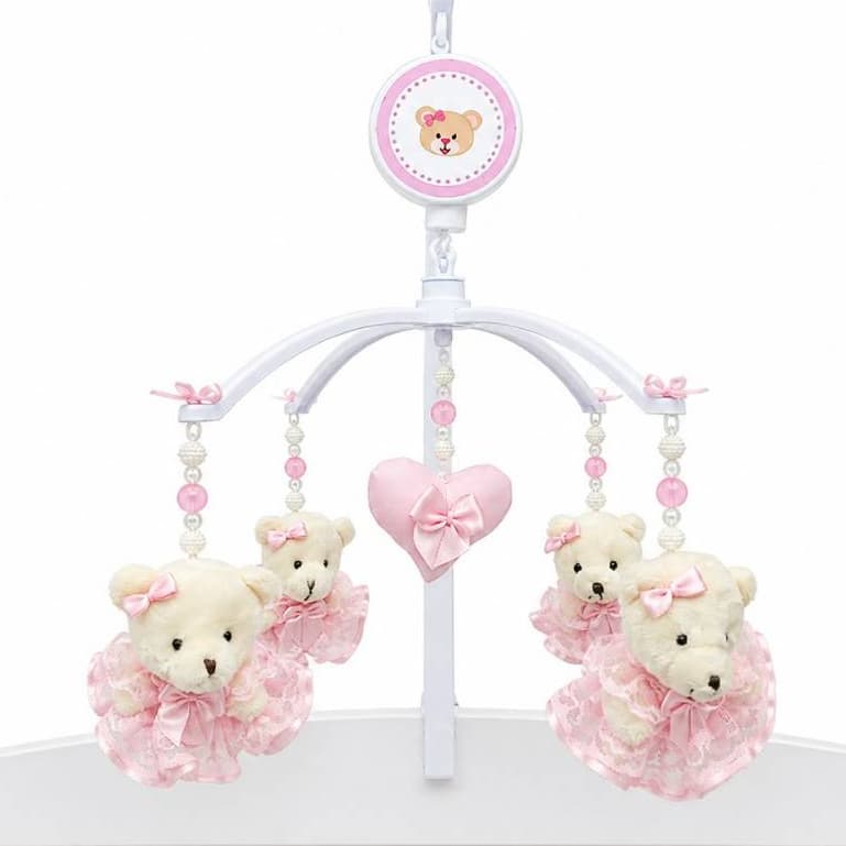 Móbile Musical para Berço Ursa Laço com Coração Rosa ou Rose Artesanal Bebê Menina