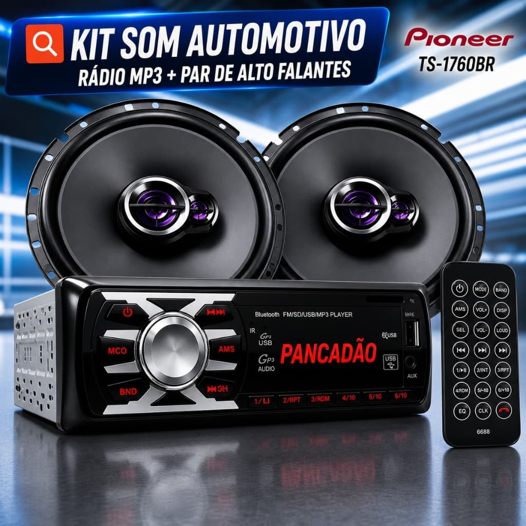 Kit Som Automotivo Rádio Bluetooth USB + Par Alto Falante Pioneer 6" 100W RMS