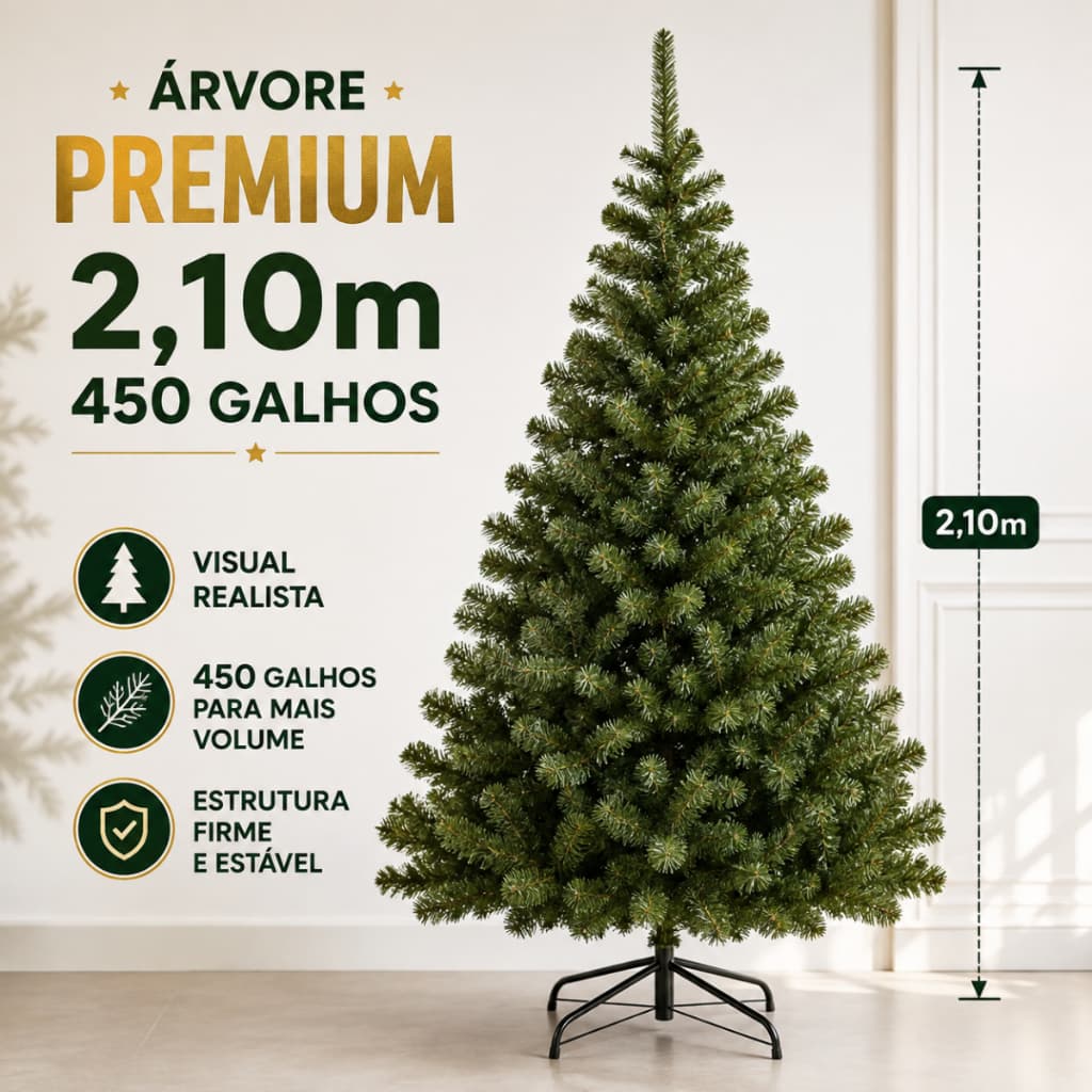 Árvore de Natal 2,10m Pinheiro Verde Cheia 450 Galhos Grande Luxo Decoração Natalina Sala Varanda