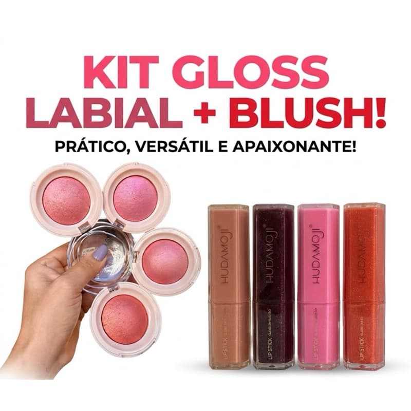 Kit Maquiagem Hudamoji Gloss Bastão + Blush Iluminador | Duo para Lábios e Face. Dupe!