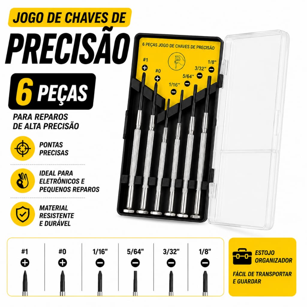 Kit 6 Mini Chaves Precisão Fenda 1.4 a 3mm e Phillips PH0 PH1 Bomvink BOM3125 com Estojo