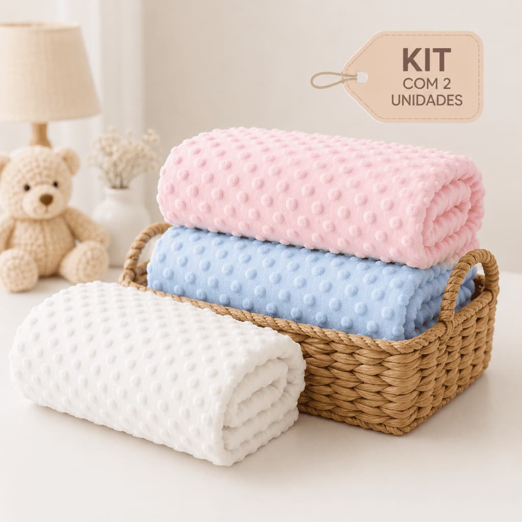 Kit 2 Mantas Pipoquinha 1,00x0,80 Infantil Saída Maternidade Carrinho Enxoval