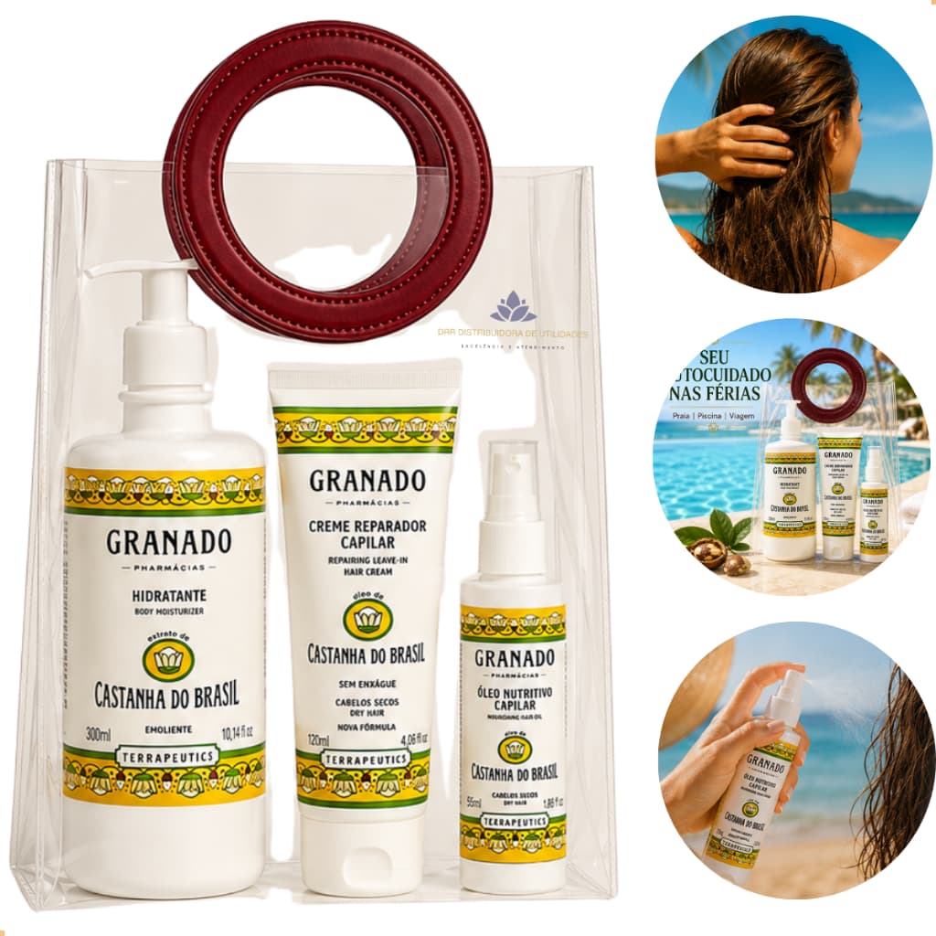 Kit Sos Cabelo e Corpo Praia Piscina Granado Castanha Brasil Pronto para Presente