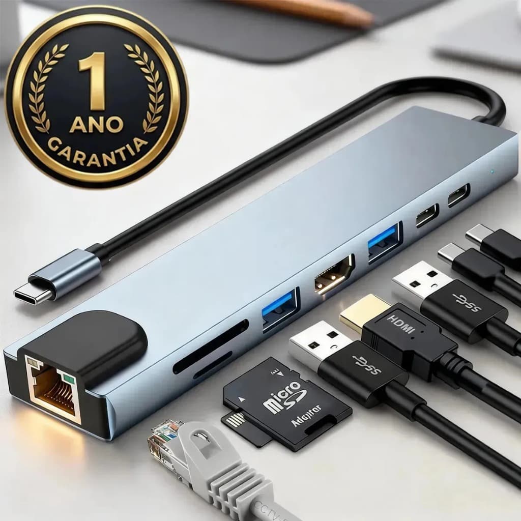 Hub USB Tipoc C 8 em 1 Adaptador Com RJ45 HDMI 4K USB 3.0 Leitor SD-TF Extensor Tipo C 8 Portas Cabo de Rede