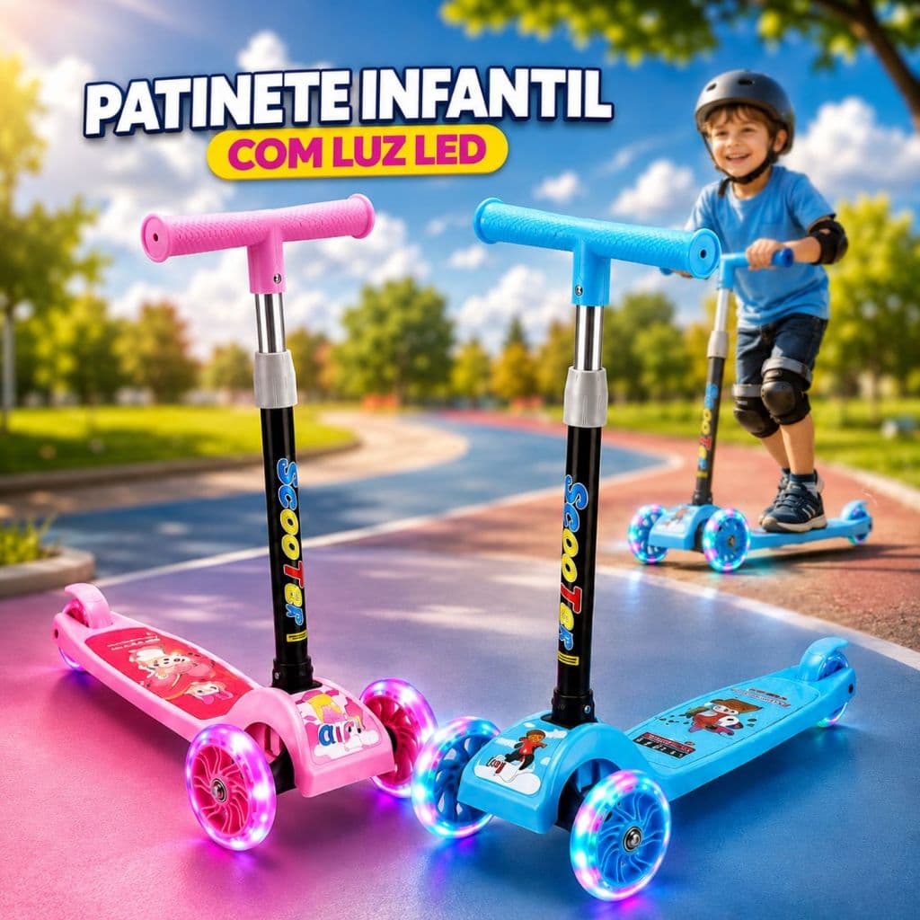 Patinete Infantil 3 Rodas LED para Brincar e Passar Criança Parque Praça