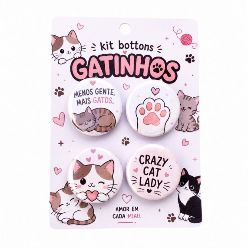 Kit 4 Bottons de Gato 3,5cm Frases Divertidas Cat  Pet Gatinho
