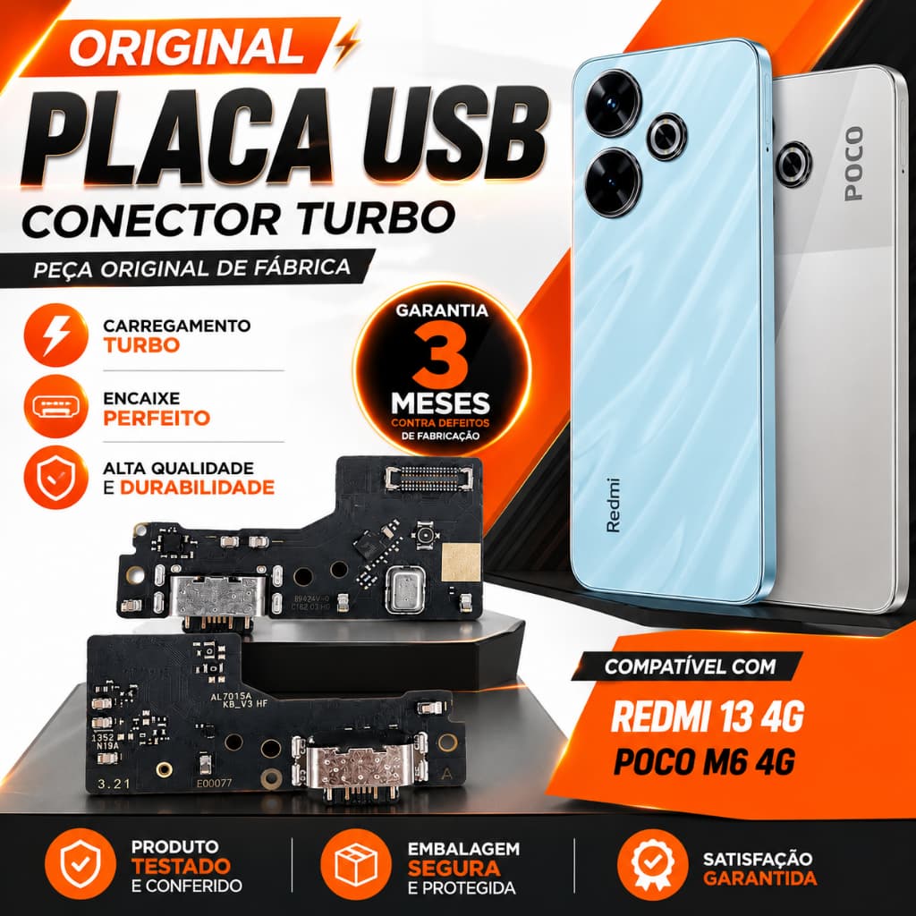 Dock Turbo Redmi 13/Poco M6 4G Placa USB Conector Carga Sub Original Reparo Celular Alta Qualidade