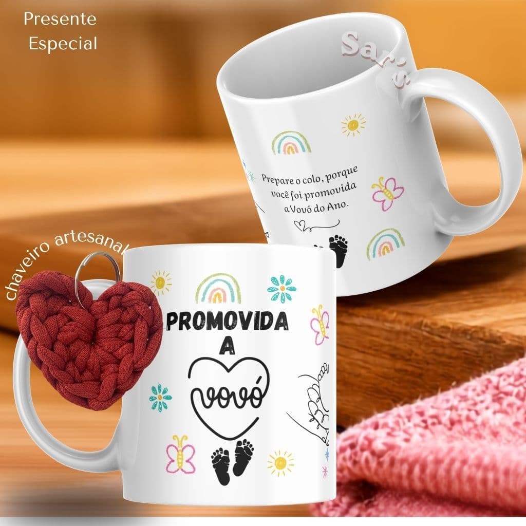 Caneca Personalizada Promovida a vovó + chaveiro coração + caixa presente - xícara 325ml Gravidez
