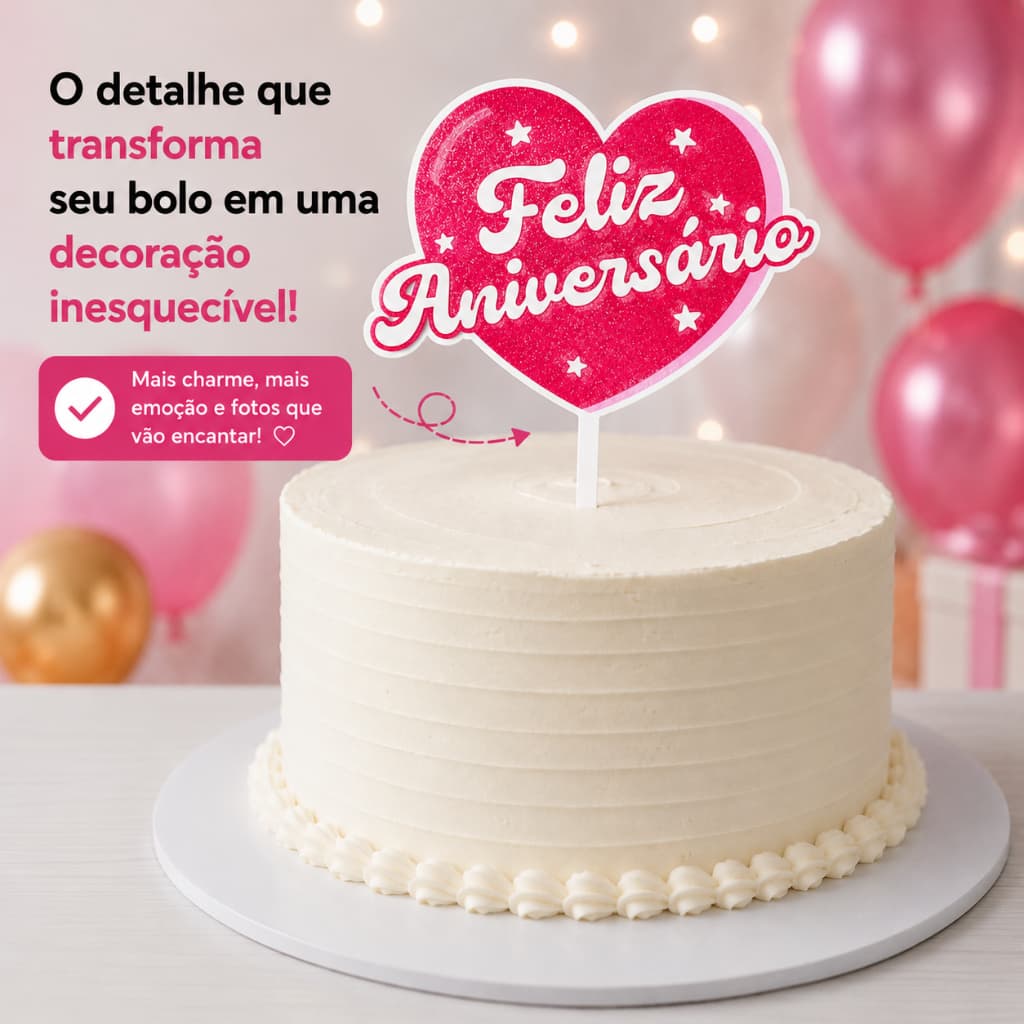 Topo de Bolo Feliz Aniversário Coração Texturizado Decoração Enfeite de bolo Presente Amor Desejo