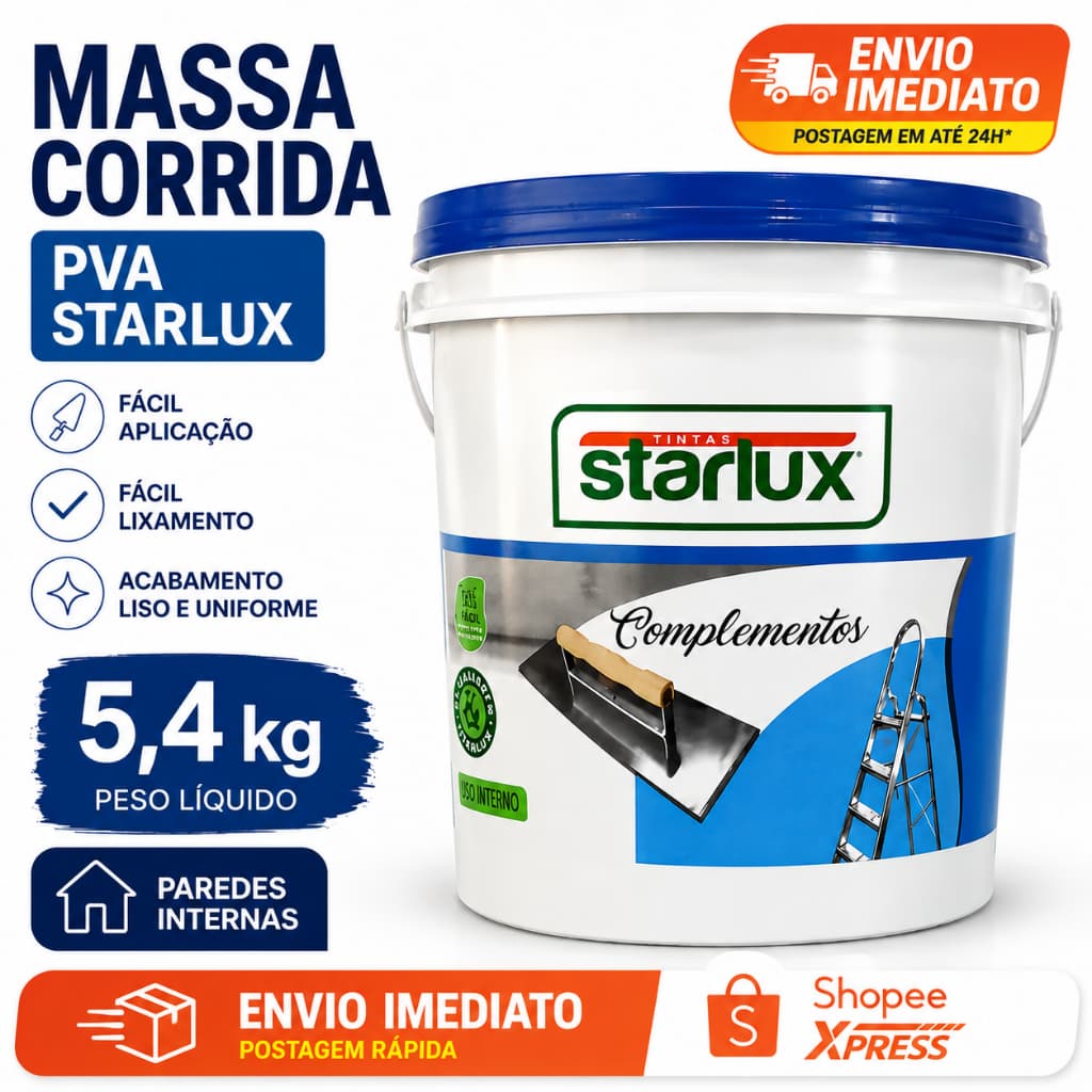 Massa Corrida PVA Starlux 5,4kg Para Parede Interior Reboco Gesso Correção e Nivelamento