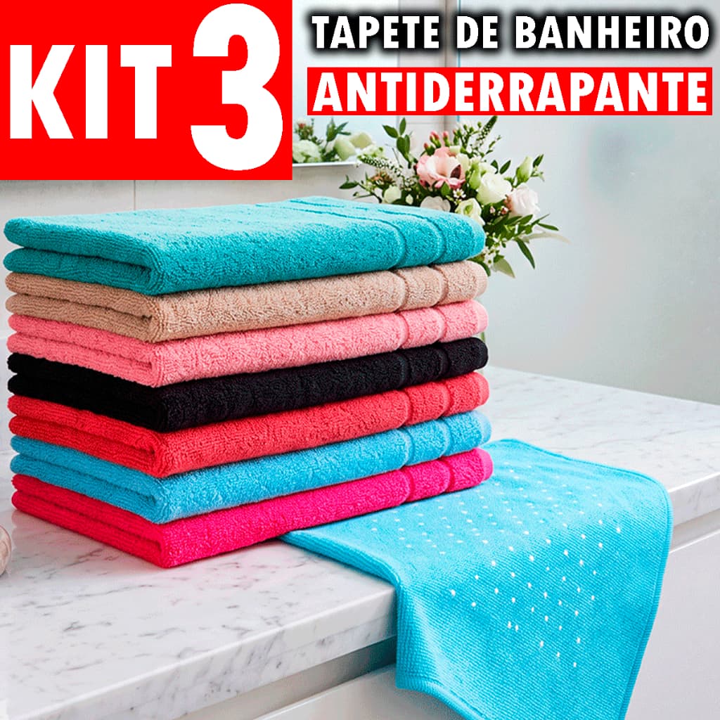 Kit 3 Tapete de Banheiro Supreme Antiderrapante Luxuoso 45x70 Super Absorvente 100% Algodão