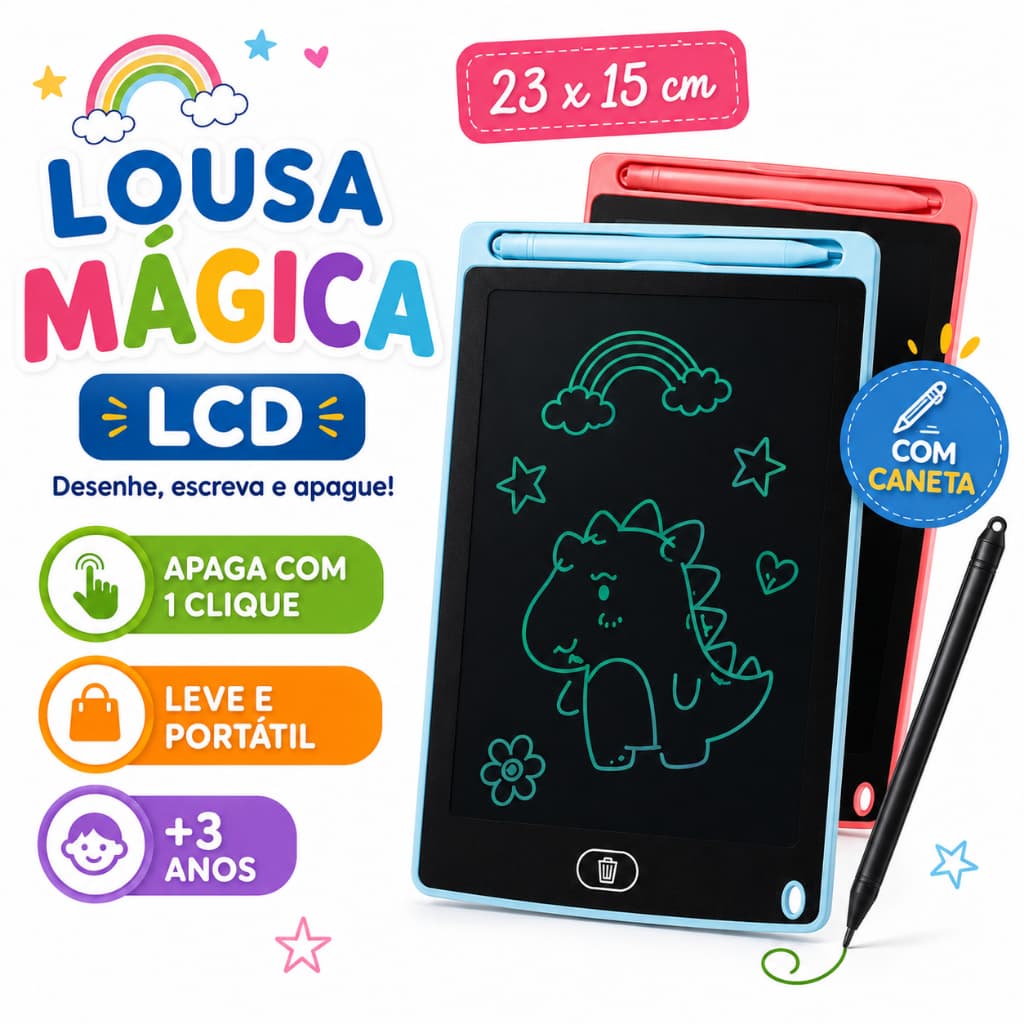 Lousa Mágica Infantil LCD 8,5” Tablet de Escrita e Desenho Digital Reutilizável com Caneta + Bateria Apaga com 1 Clique