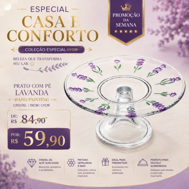 Prato com Pé Cristal 19cm Lyor Lavanda Boleira Doces Sobremesa Frutas Mesa Posta Decorativa