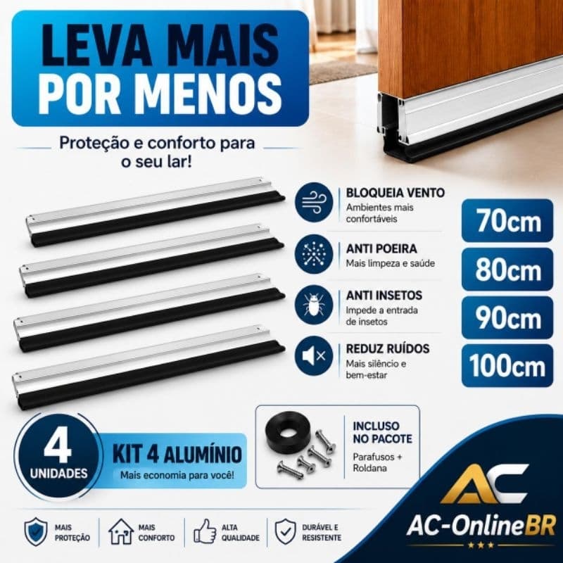 Kit 4 Veda Porta Alumínio com Borracha Anti Poeira Insetos Vento Luz 70 80 90 100cm